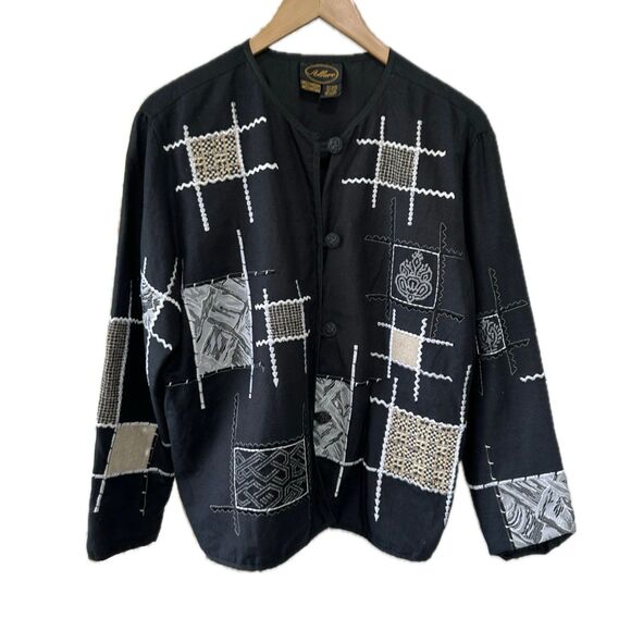 Vintage Allure Asian Inspired Flax Blend Mix Media Patchwork Embroidered Jacket - Picture 1 of 7